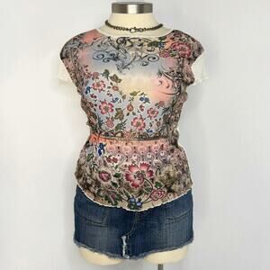 VNT 90s Sheer Flower Graphic Fairy Mesh Short Sleeve Top XL Made in USA B' Time